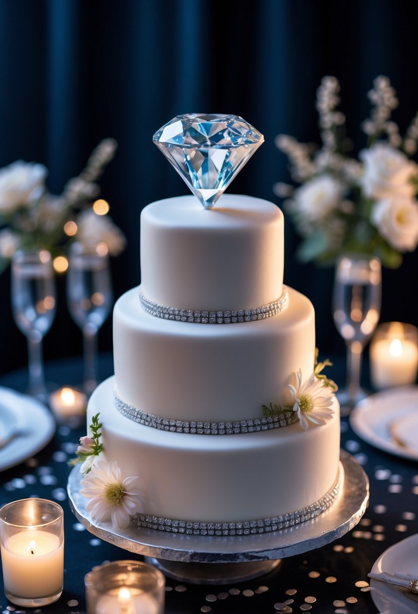 A multi-tiered white cake shaped like a diamond ring on a decorated party table with flowers, candles, and champagne glasses.