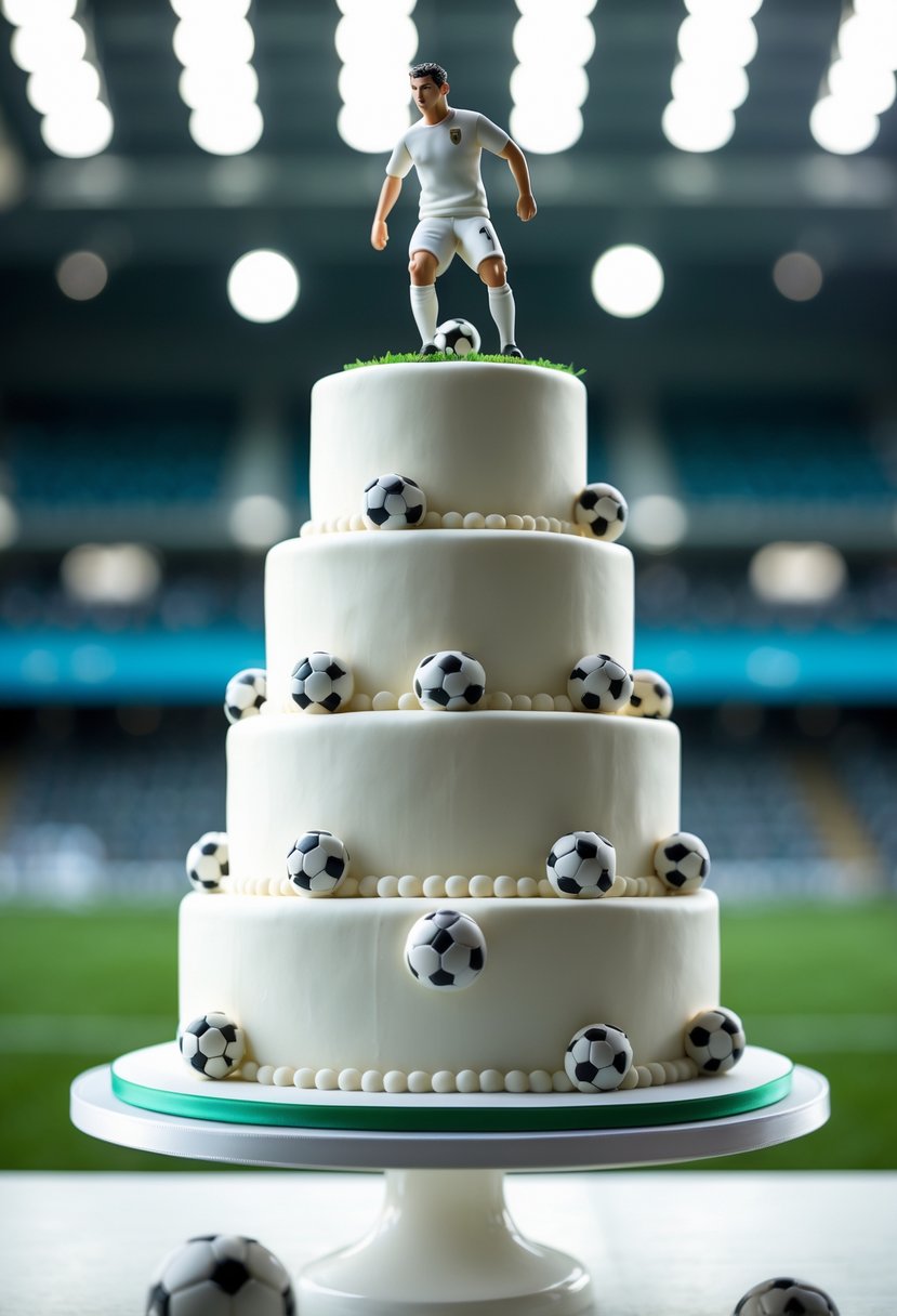 A multi-tiered cake decorated with fondant soccer balls and a soccer player figure, inspired by Cristiano Ronaldo, displayed on a white cake stand.