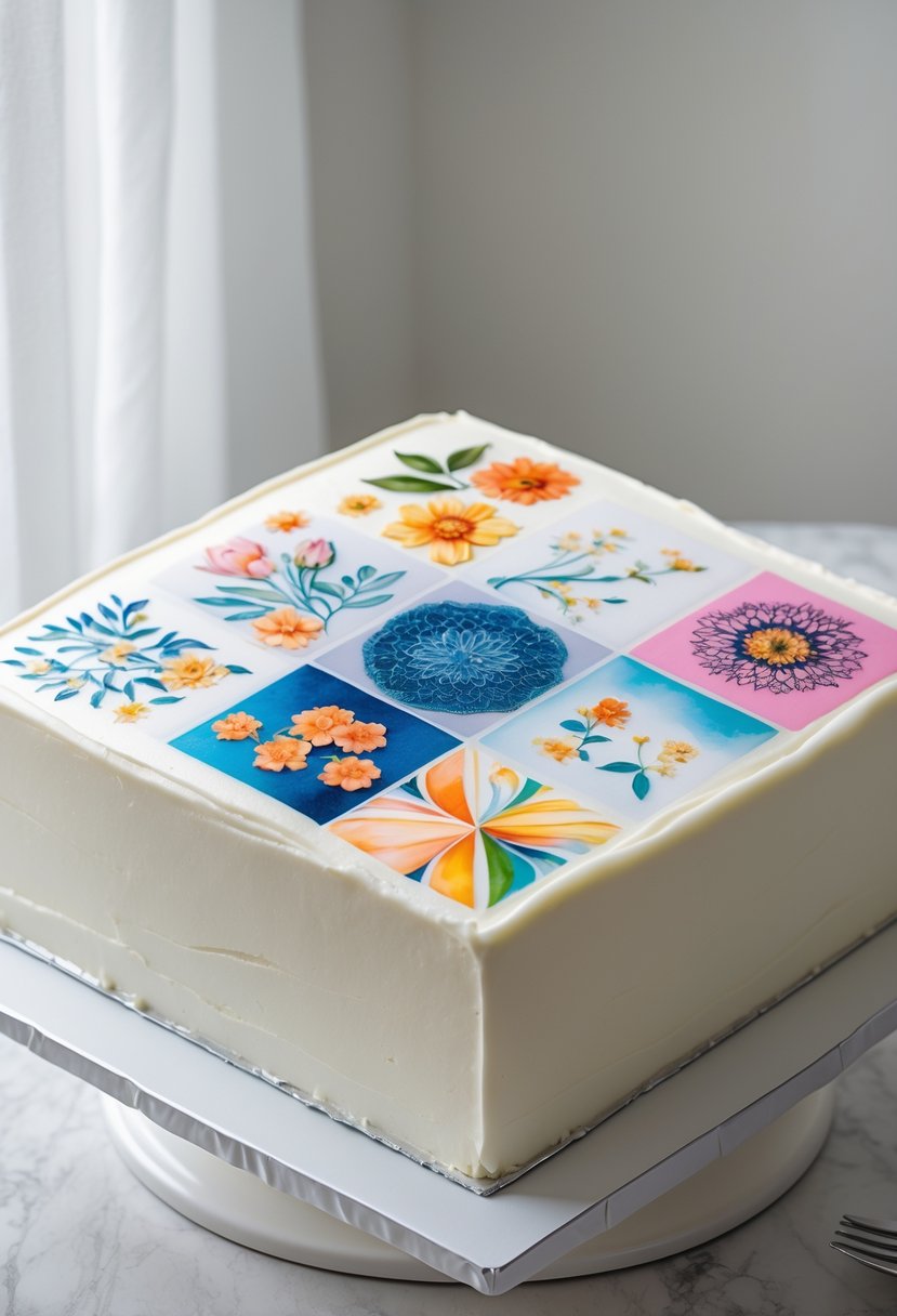 A square cake decorated with smooth white fondant and colorful edible printed designs arranged on top and sides.