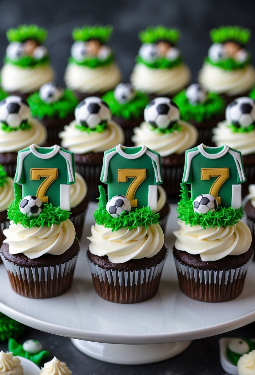 A set of 17 cupcakes decorated with football-themed designs, including soccer balls, green frosting, and number 7 toppers, arranged on a white platter.