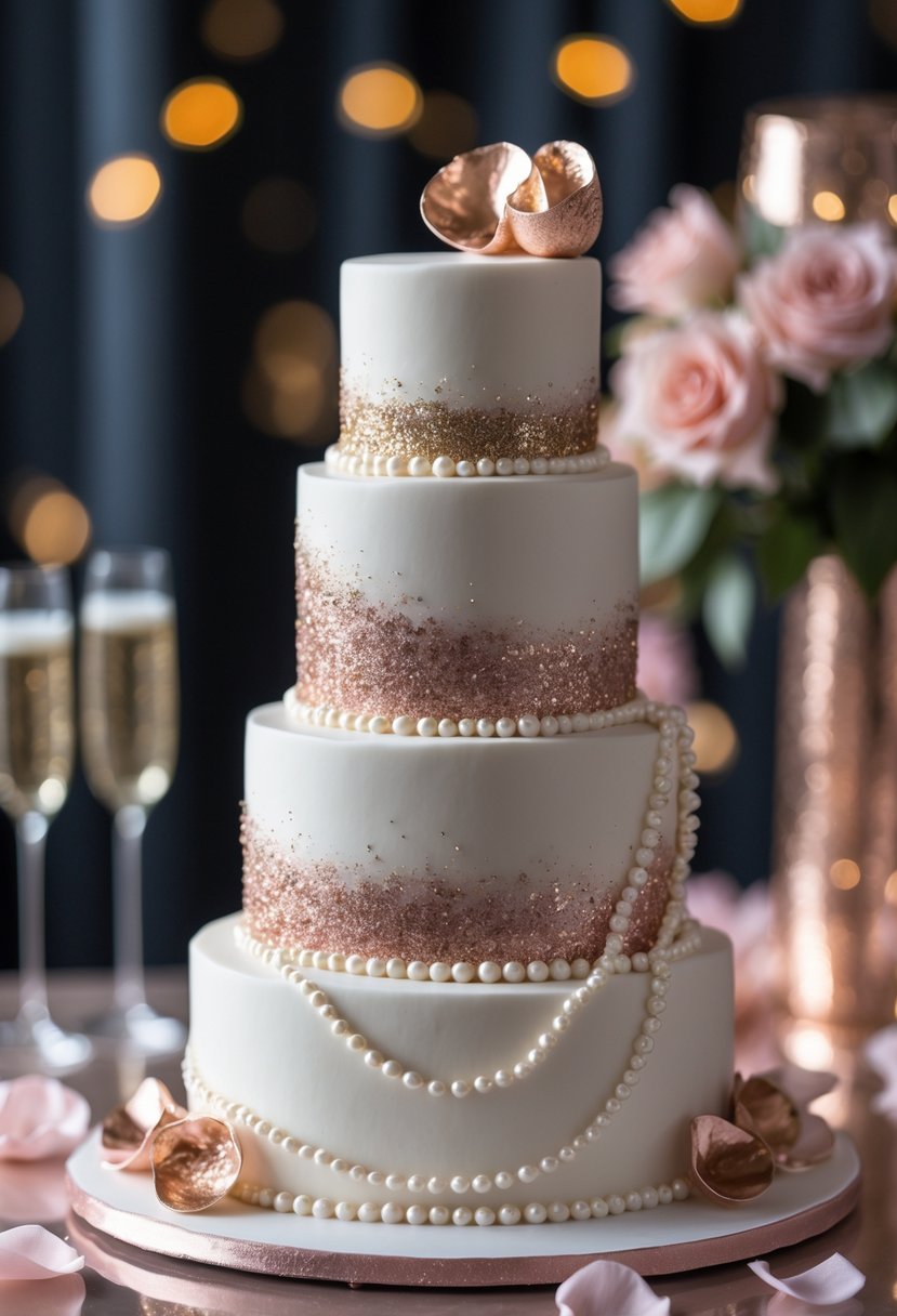 A multi-tiered white cake decorated with metallic pearl accents and edible pearls on a table set for a celebration.