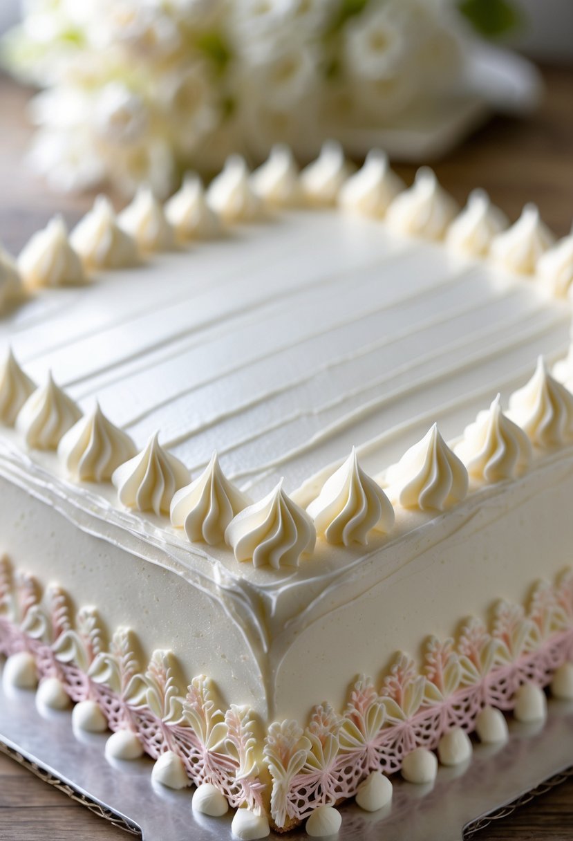 Square cake decorated with delicate piped lace designs along the edges.