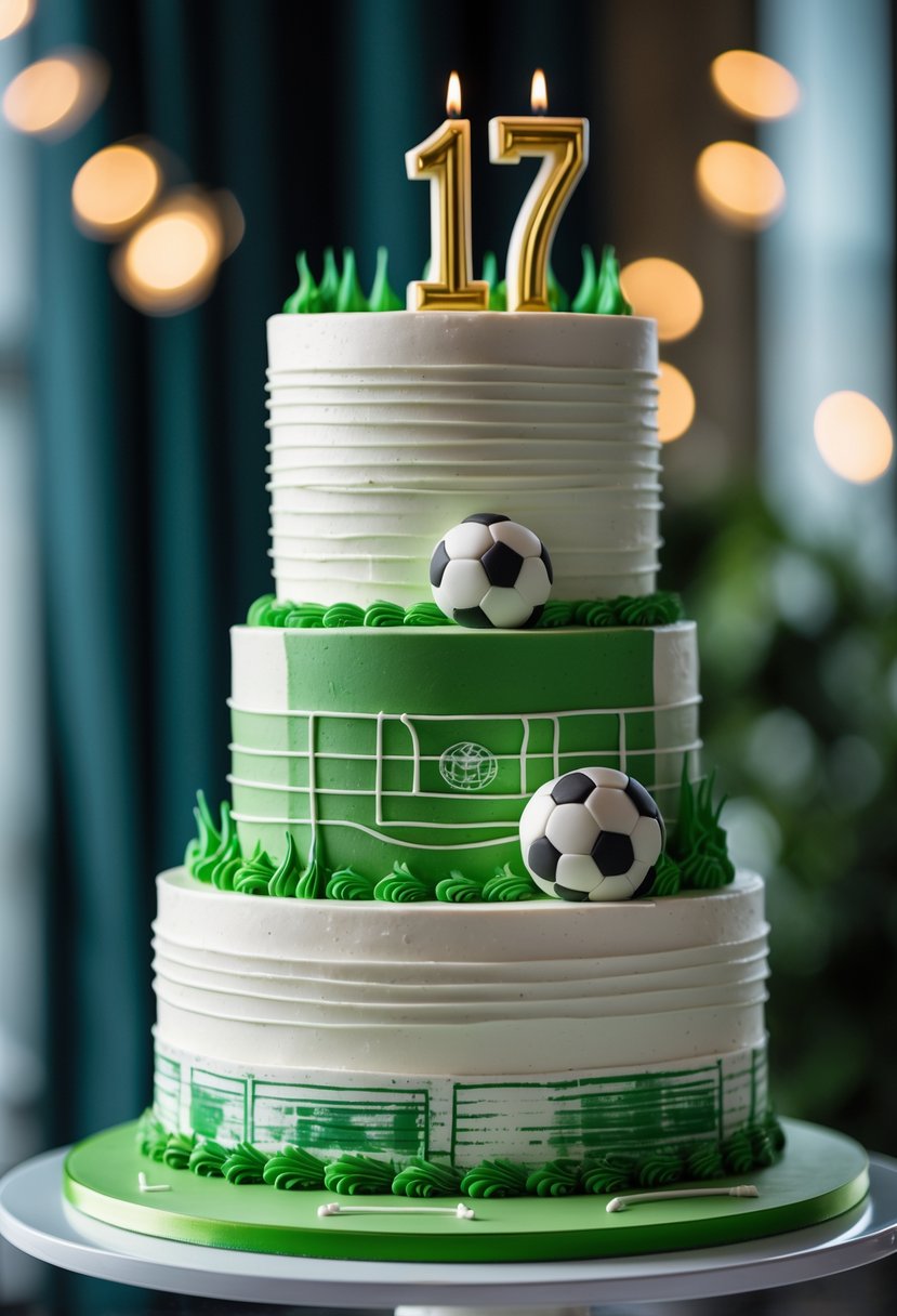 A decorated birthday cake with soccer-themed decorations and a golden number 17 candle on top, displayed on a white cake stand.