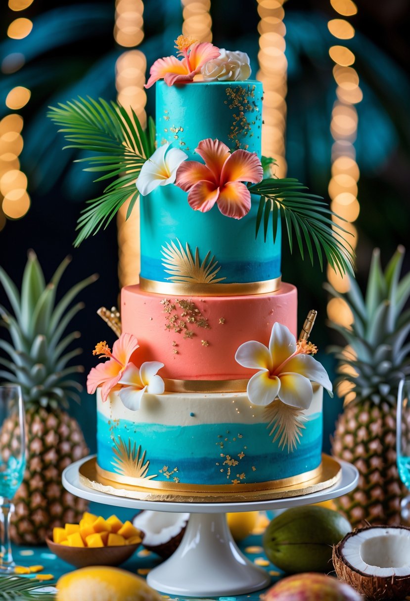 A multi-tiered tropical themed cake decorated with edible flowers and palm leaves on a white stand surrounded by tropical fruits and party decorations.