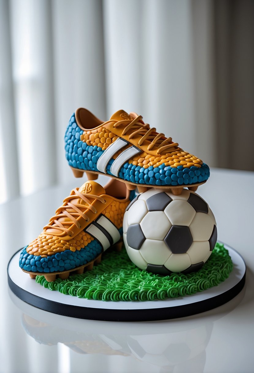 A detailed cake shaped like football shoes and a soccer ball placed on a white surface.