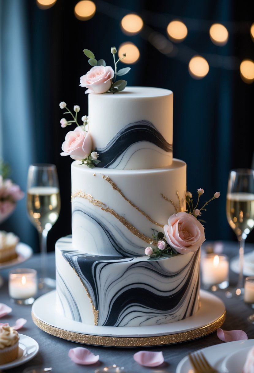 Multi-tiered marble patterned cake decorated with flowers and gold accents on a party table surrounded by champagne glasses and rose petals.