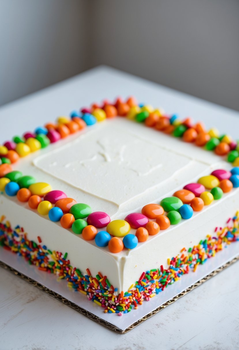 A square cake with white frosting decorated with bright colorful candy and sprinkles along the edges on a plain background.