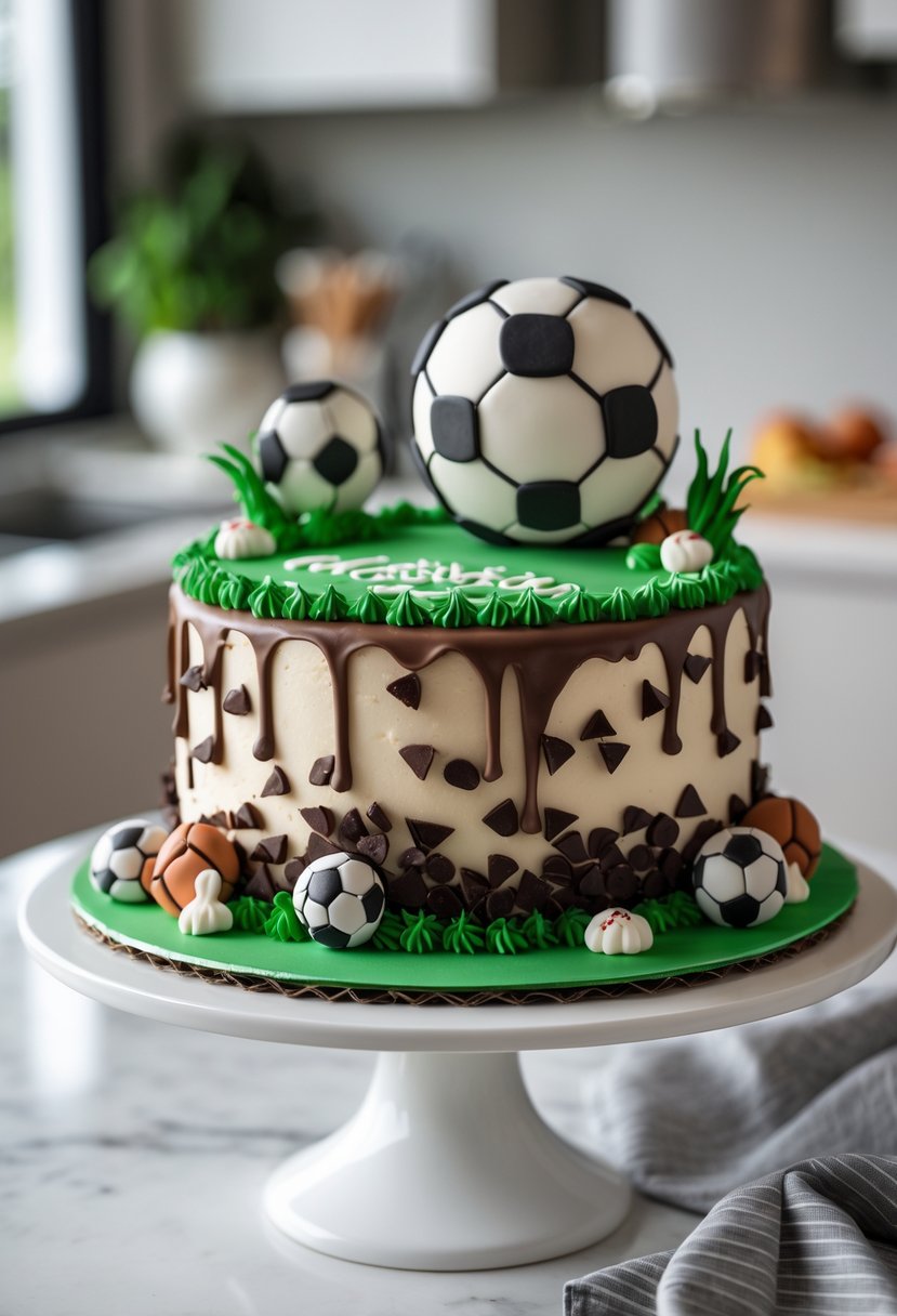 A chocolate chip cake decorated with football-themed edible decorations inspired by Cristiano Ronaldo, placed on a white cake stand.