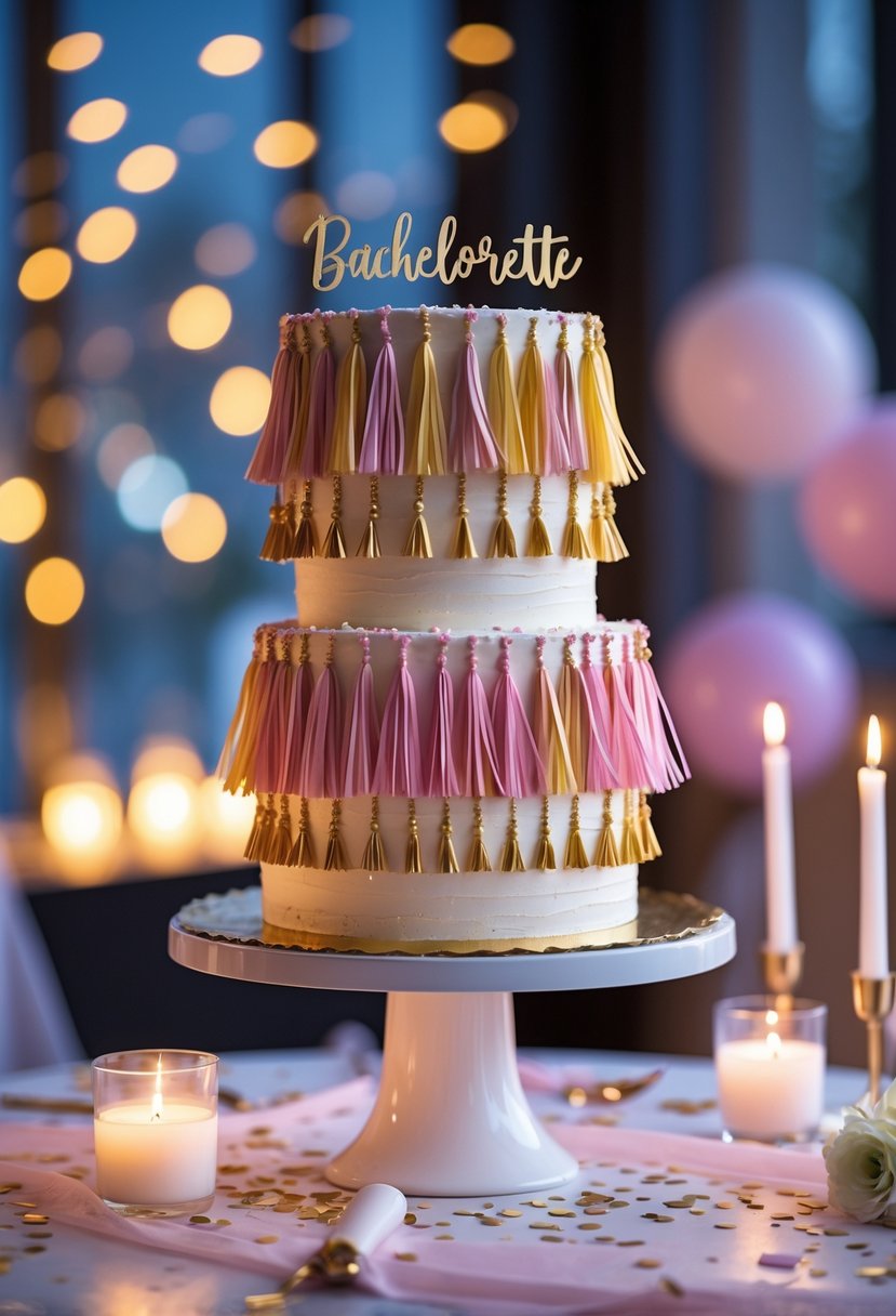 A multi-layered cake decorated with colorful fringe tassels on a table with party decorations and candles.