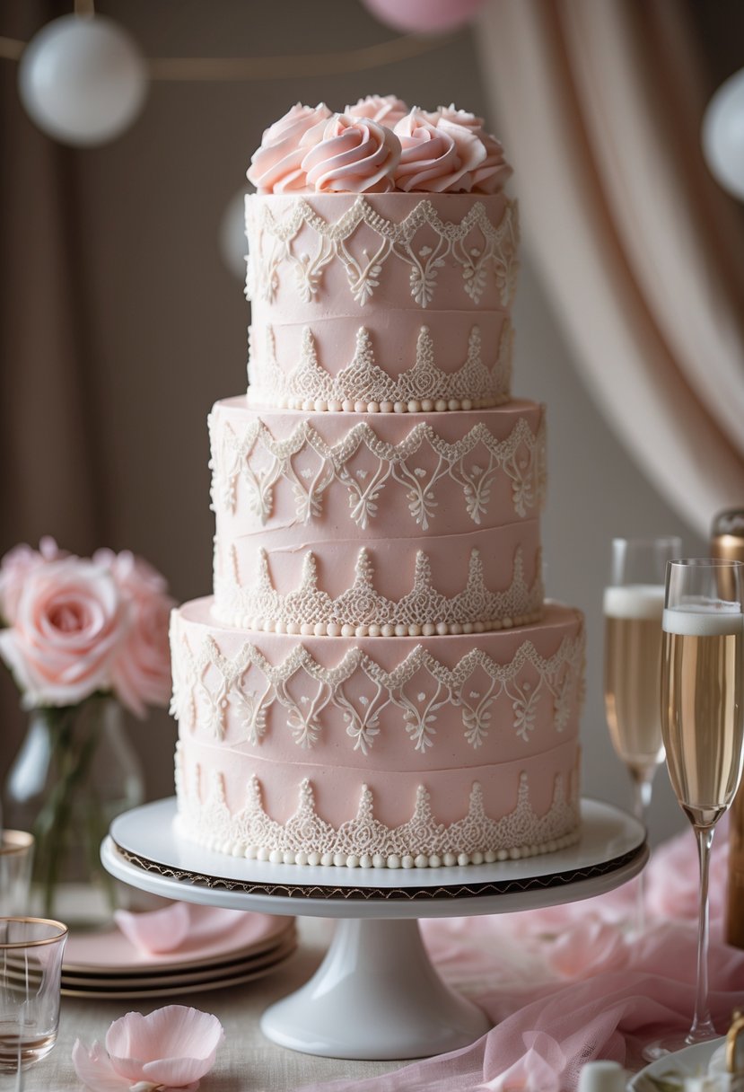 A multi-tiered buttercream cake decorated with white lace patterns, surrounded by party decorations and rose petals.