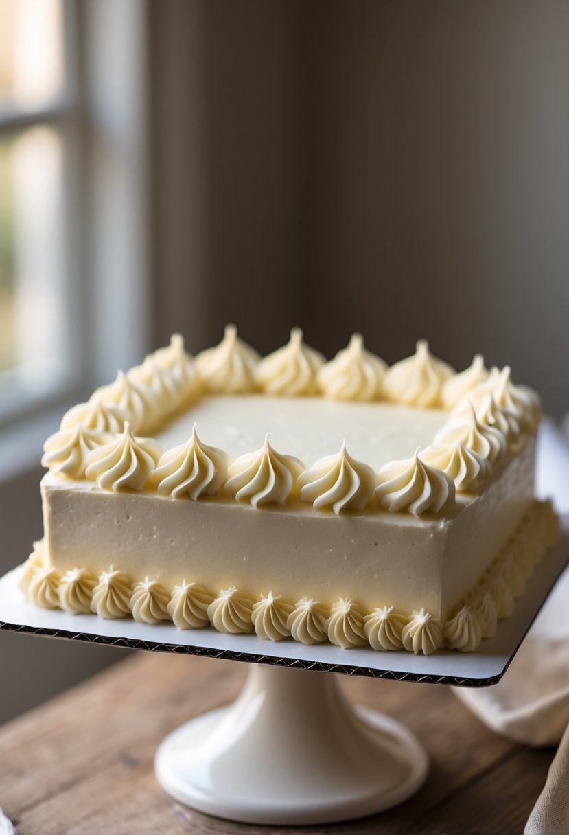 Square cake decorated with buttercream rosettes around the edges on a white cake stand.