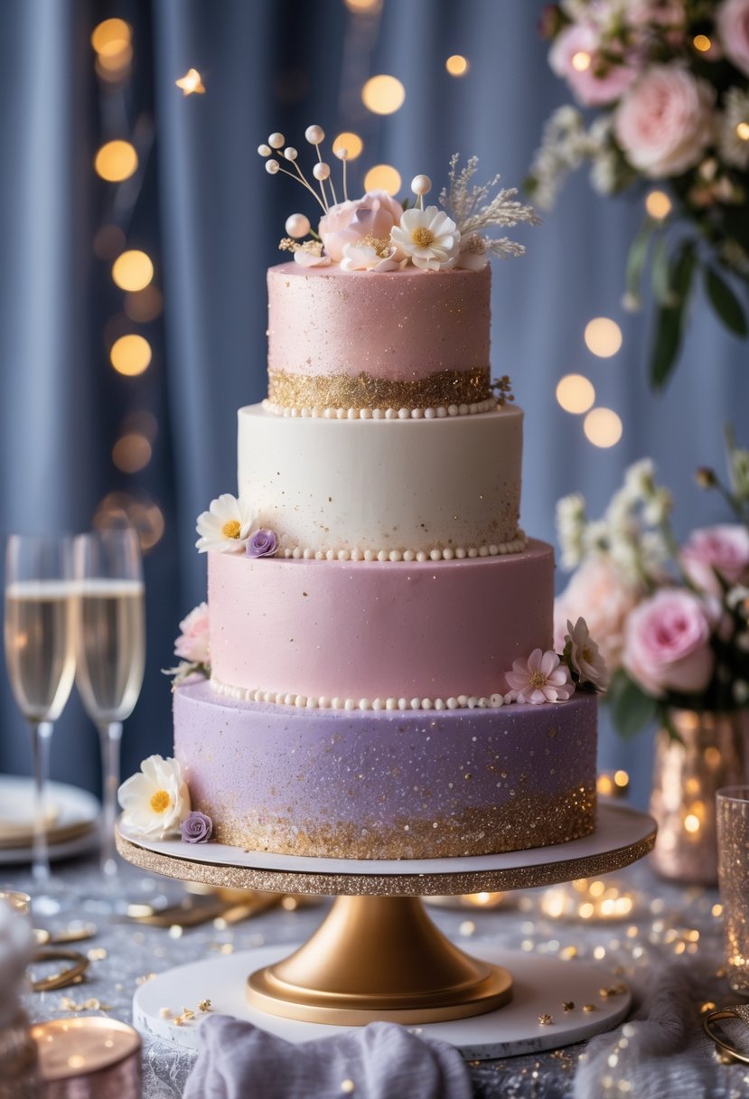 A multi-tiered pastel-colored cake decorated with edible glitter and sparkles on a table set for a celebration.