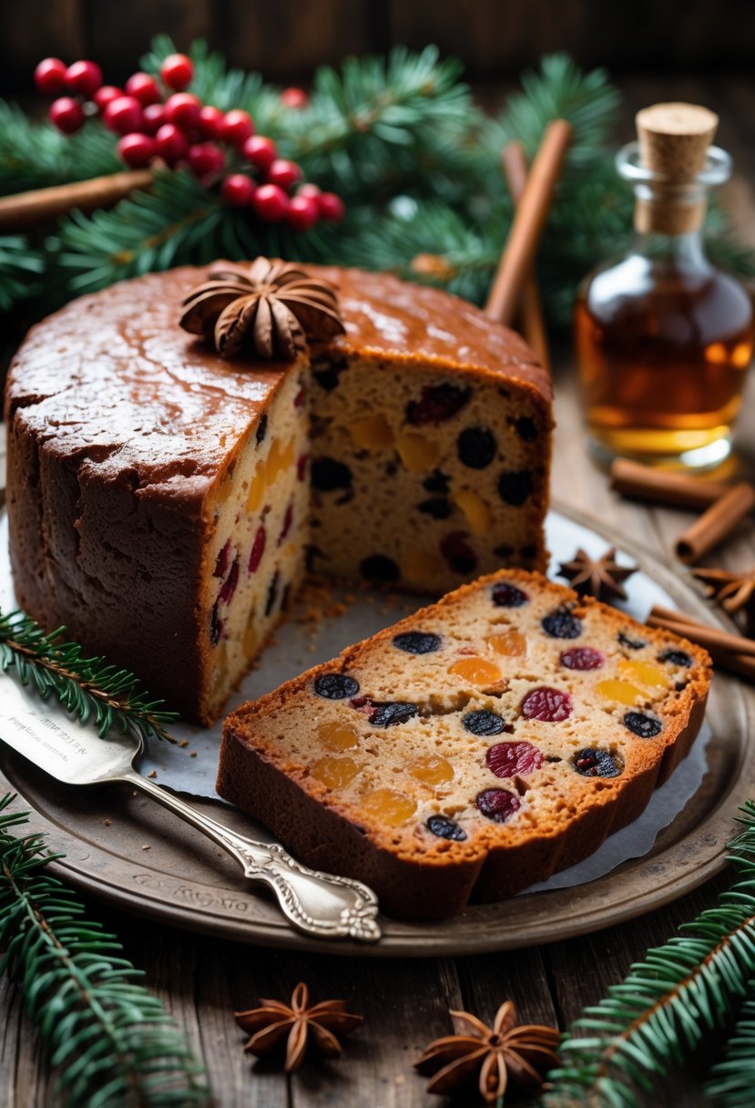 A sliced classic fruitcake with dried fruits and nuts on a wooden table surrounded by Christmas decorations and a bottle of rum.