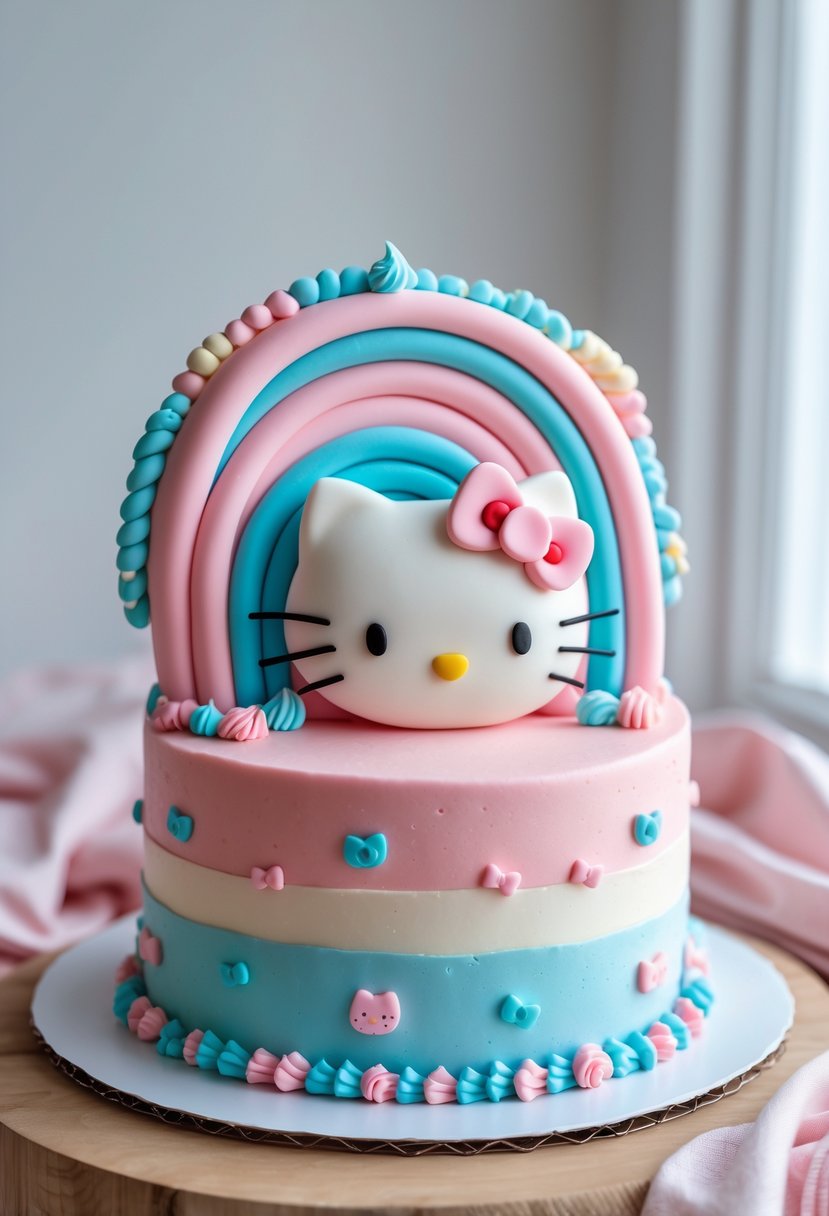 A pastel pink and blue Hello Kitty themed cake decorated with rainbows on a clean background.