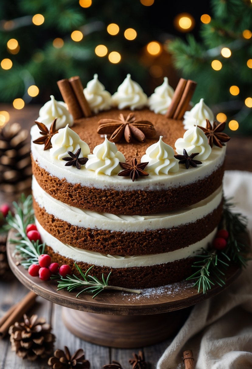A spiced gingerbread layer cake decorated with cinnamon sticks and festive greenery on a wooden stand surrounded by holiday decorations and warm lights.