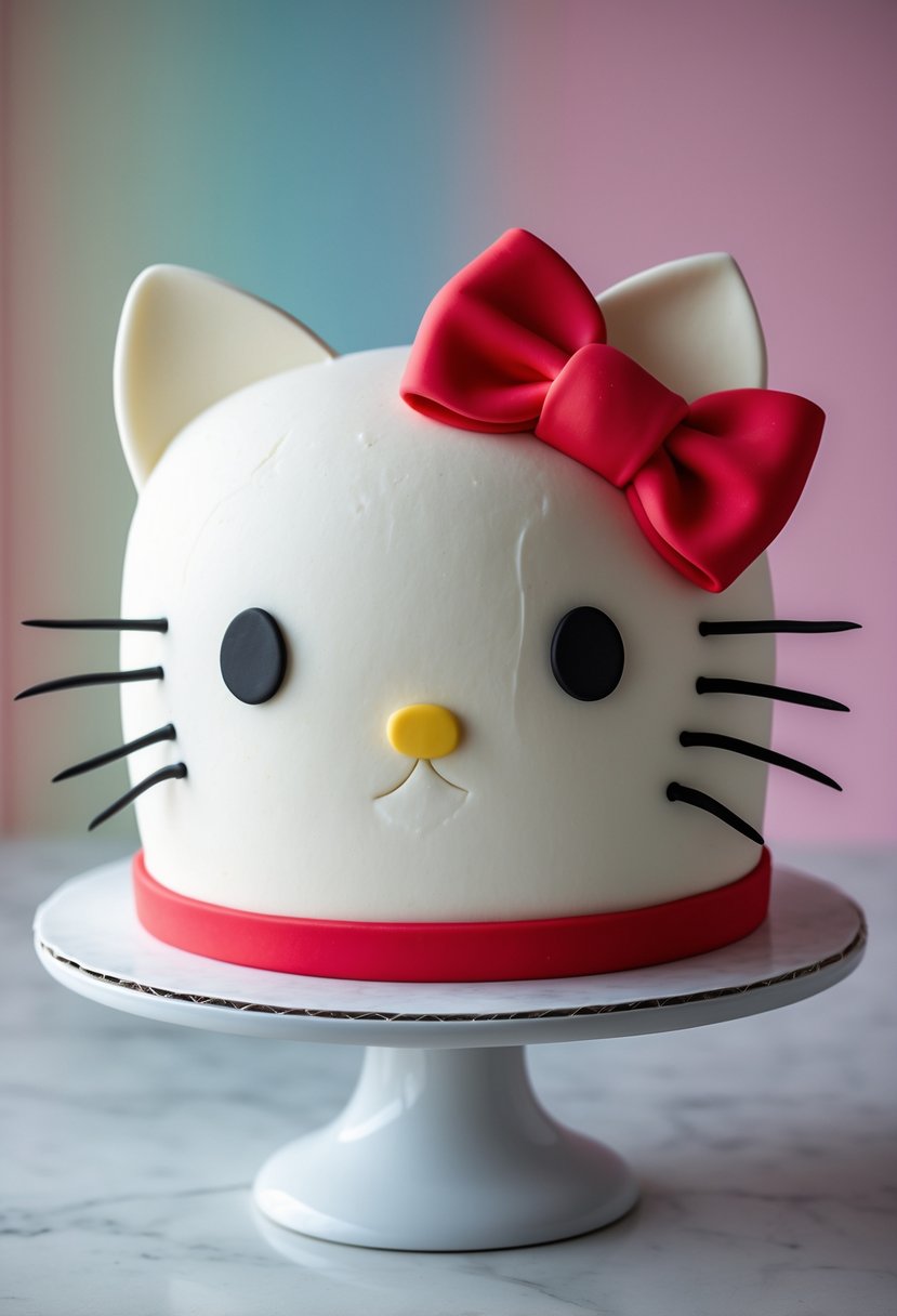 A close-up of a Hello Kitty face cake with a red bow on a white cake stand.
