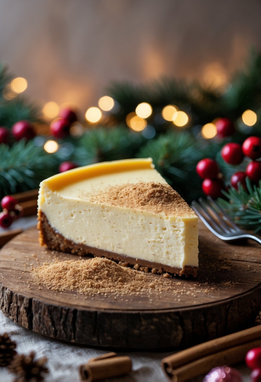 A slice of eggnog cheesecake topped with nutmeg on a wooden board surrounded by Christmas decorations.