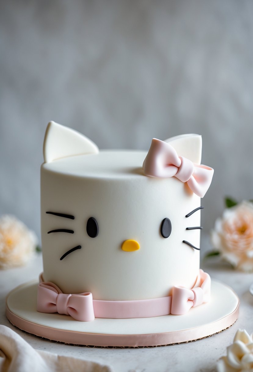 A white Hello Kitty cake with subtle bow decorations on a neutral background.