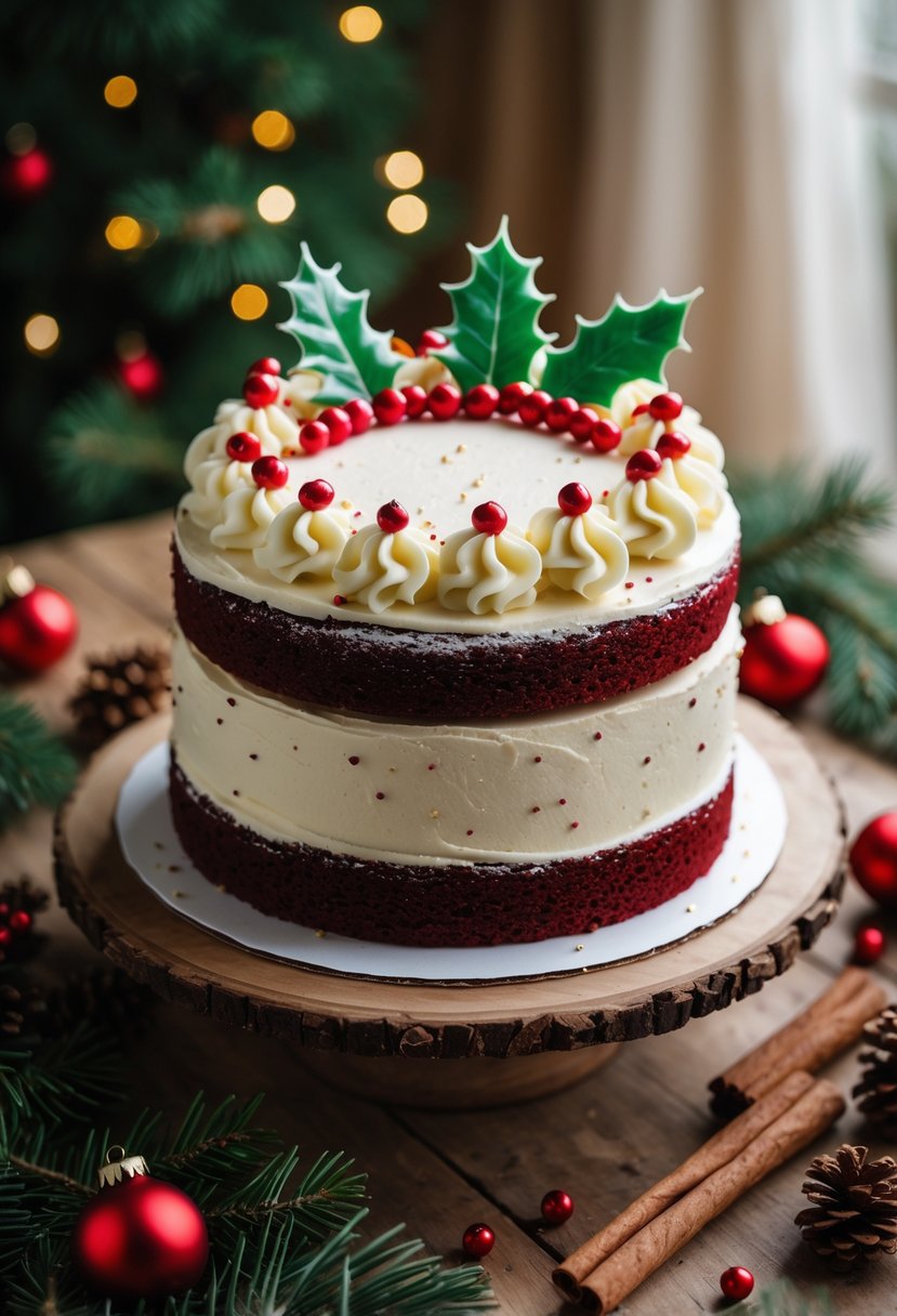 A red velvet Christmas cake with cream cheese frosting on a wooden table surrounded by holiday decorations.