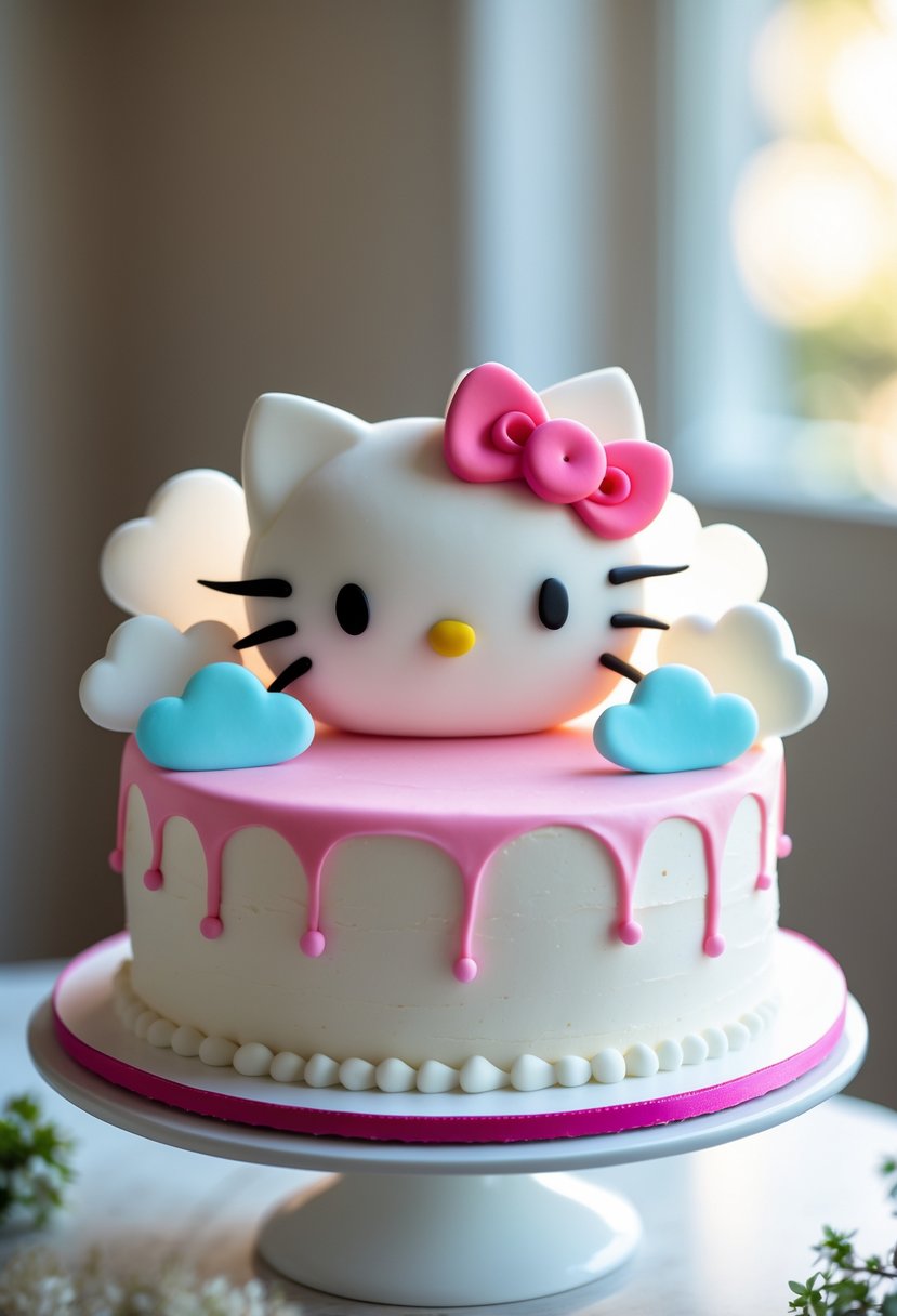 A brightly decorated Hello Kitty cake with fluffy white and pastel blue cloud decorations on a white cake stand.
