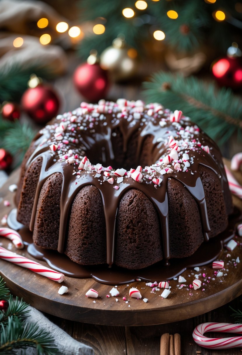 A peppermint mocha bundt cake decorated with chocolate glaze and crushed peppermint candy, surrounded by Christmas decorations like pine branches, ornaments, and candy canes.