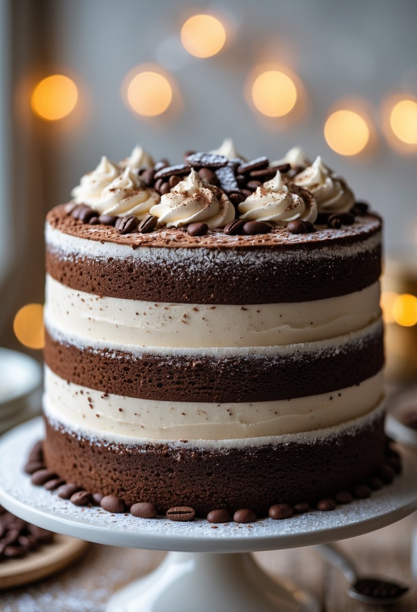 A seven-layer chocolate tiramisu cake on a white stand, decorated with cocoa powder and chocolate shavings.