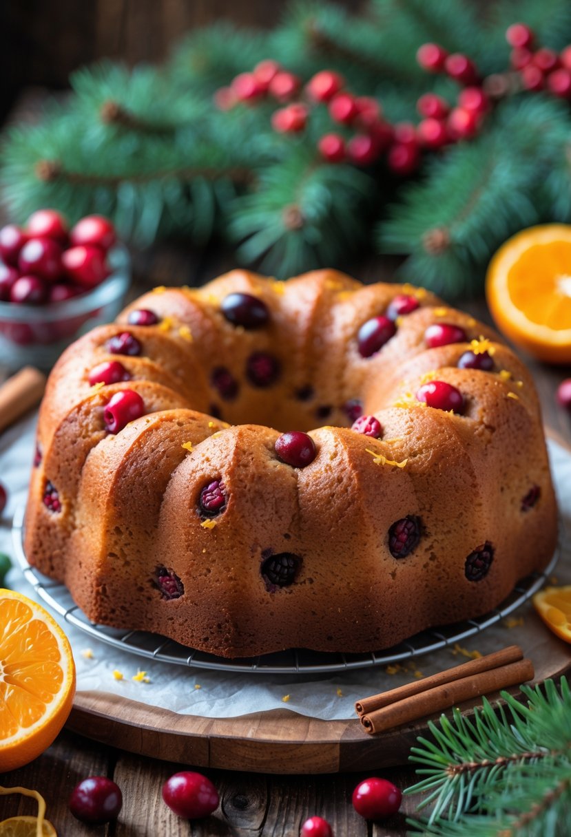 A cranberry orange pound cake on a wooden table surrounded by Christmas decorations like pine branches, red berries, cinnamon sticks, and orange slices.