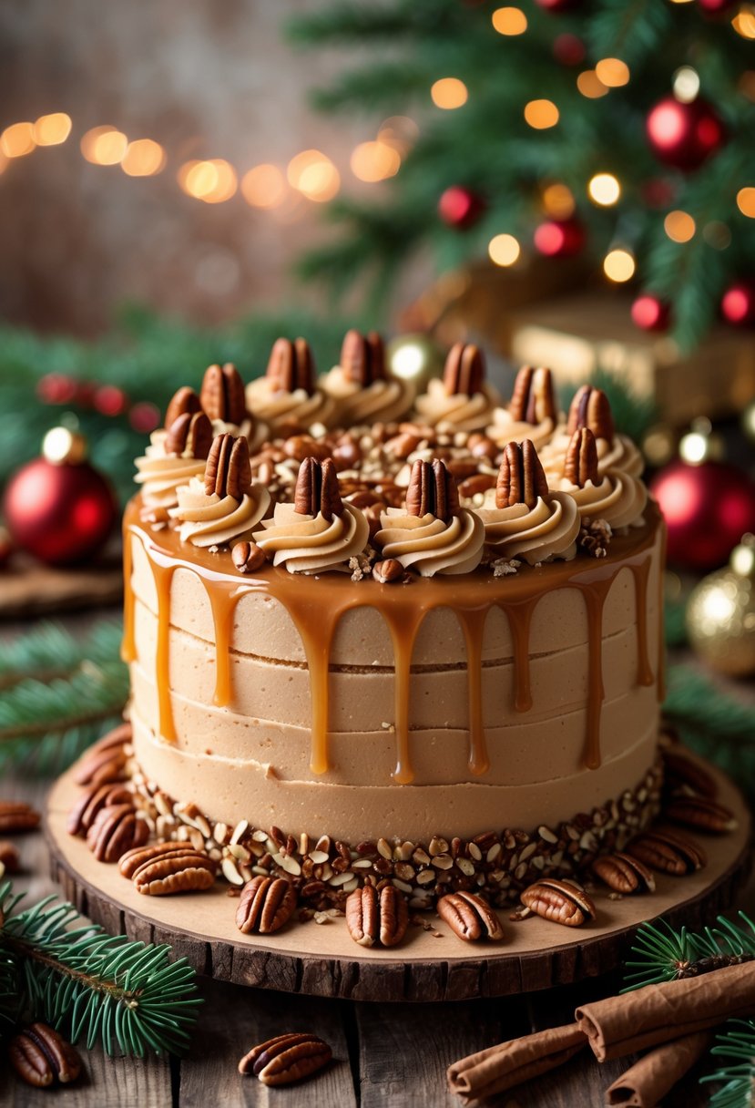 A caramel pecan Christmas cake on a wooden table surrounded by pine branches, ornaments, and cinnamon sticks.