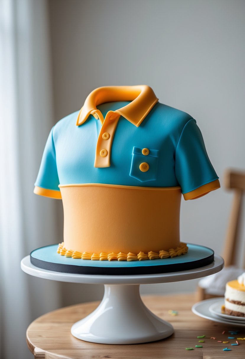 A birthday cake shaped and decorated to look like a men's polo shirt on a white cake stand on a wooden table.