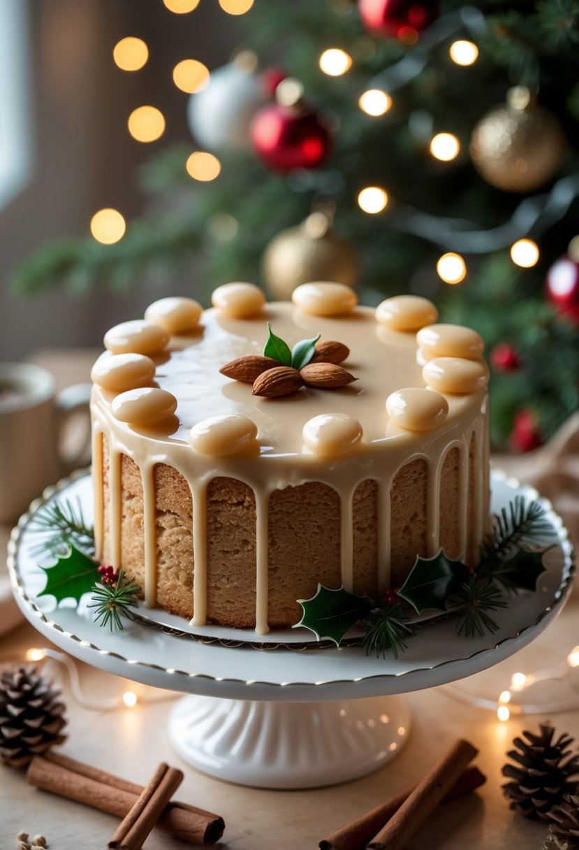 A festive almond amaretto cake with marzipan icing on a white cake stand surrounded by holiday decorations.