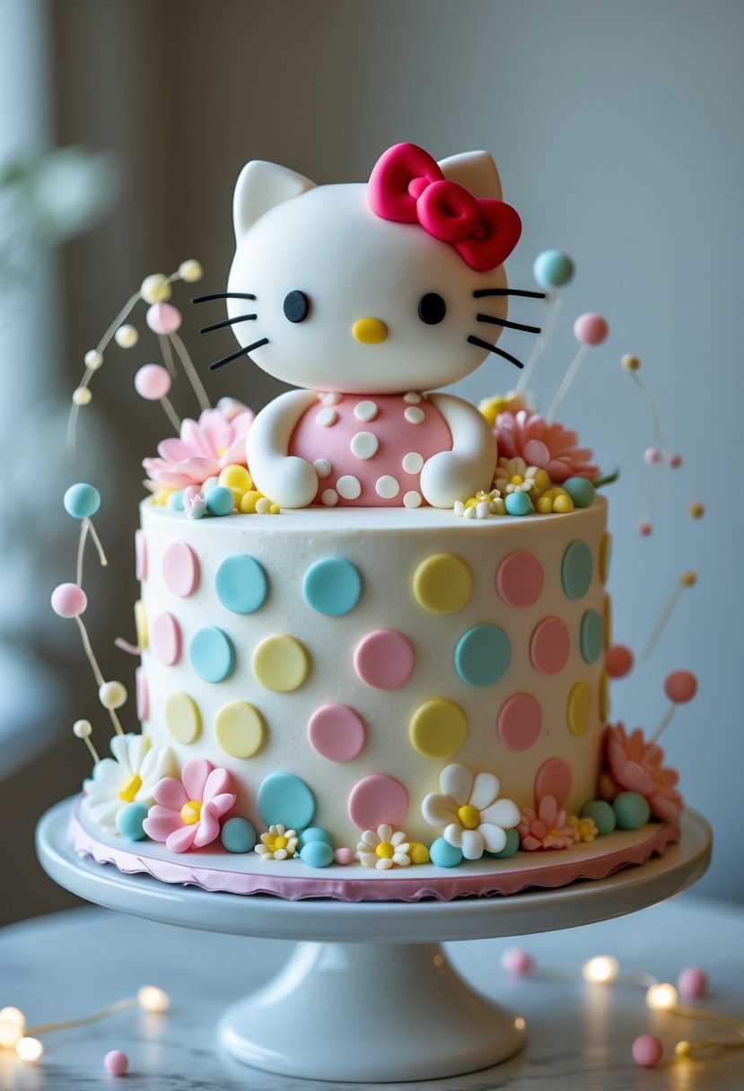A Hello Kitty cake with pastel polka dots and a fondant Hello Kitty figure on top, displayed on a white cake stand.