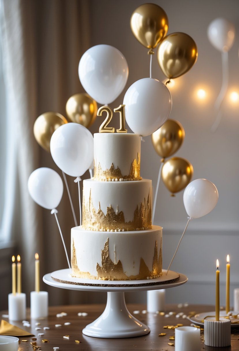 A multi-tiered white and gold birthday cake decorated with balloon-shaped fondant accents on a table with birthday decorations.