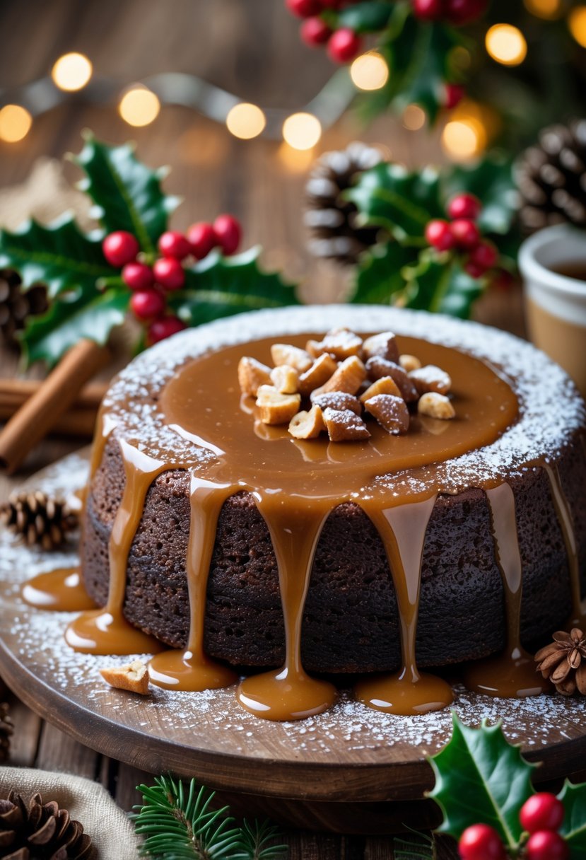 A sticky toffee pudding cake with toffee sauce and powdered sugar on a wooden table surrounded by Christmas decorations.