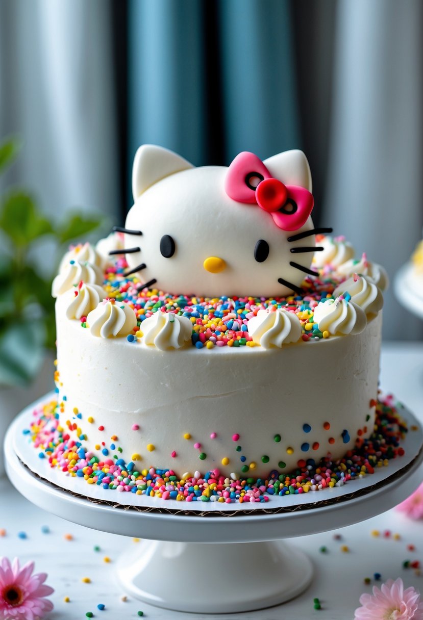 A round birthday cake decorated with colorful sprinkles and a Hello Kitty face on top.