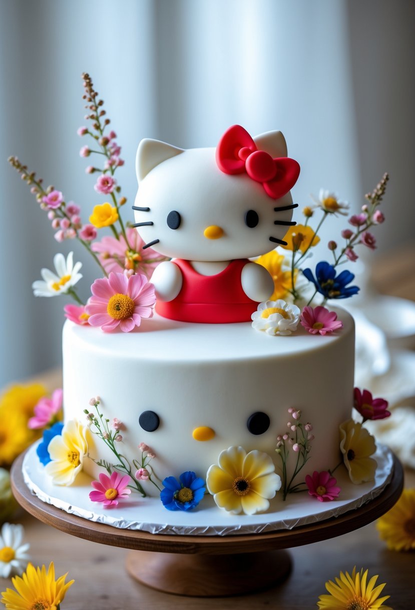 A decorated Hello Kitty cake topped with colorful edible flowers on a clean surface.