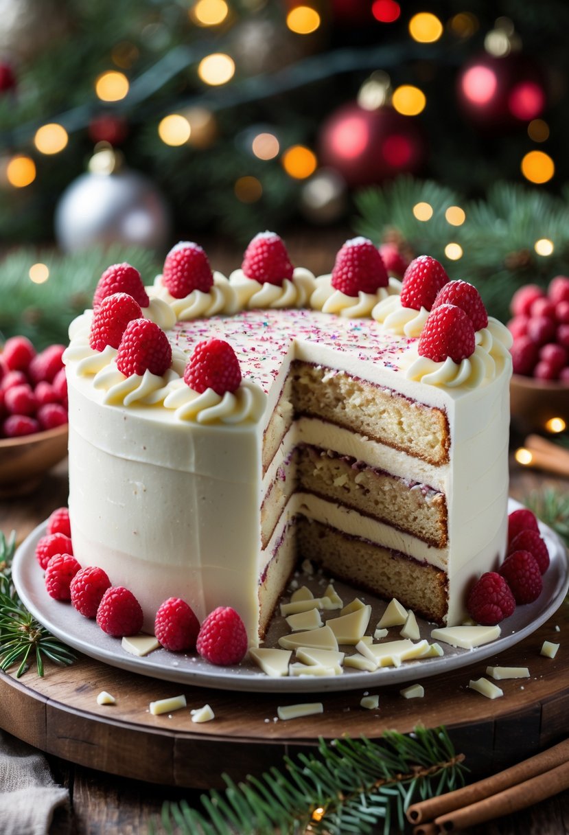 A white chocolate and raspberry cake decorated with fresh raspberries on a wooden table surrounded by Christmas decorations and soft glowing lights.