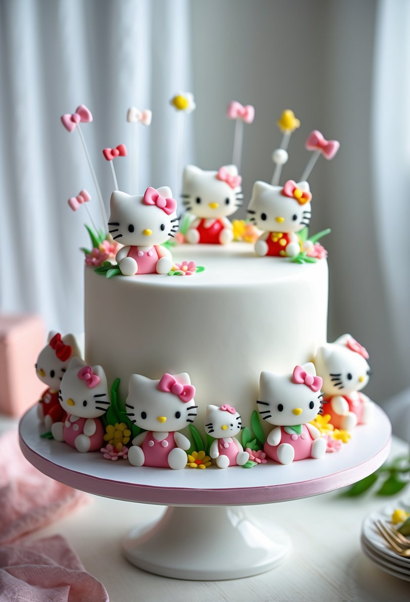 A decorated Hello Kitty cake with small fondant characters placed on a cake stand.