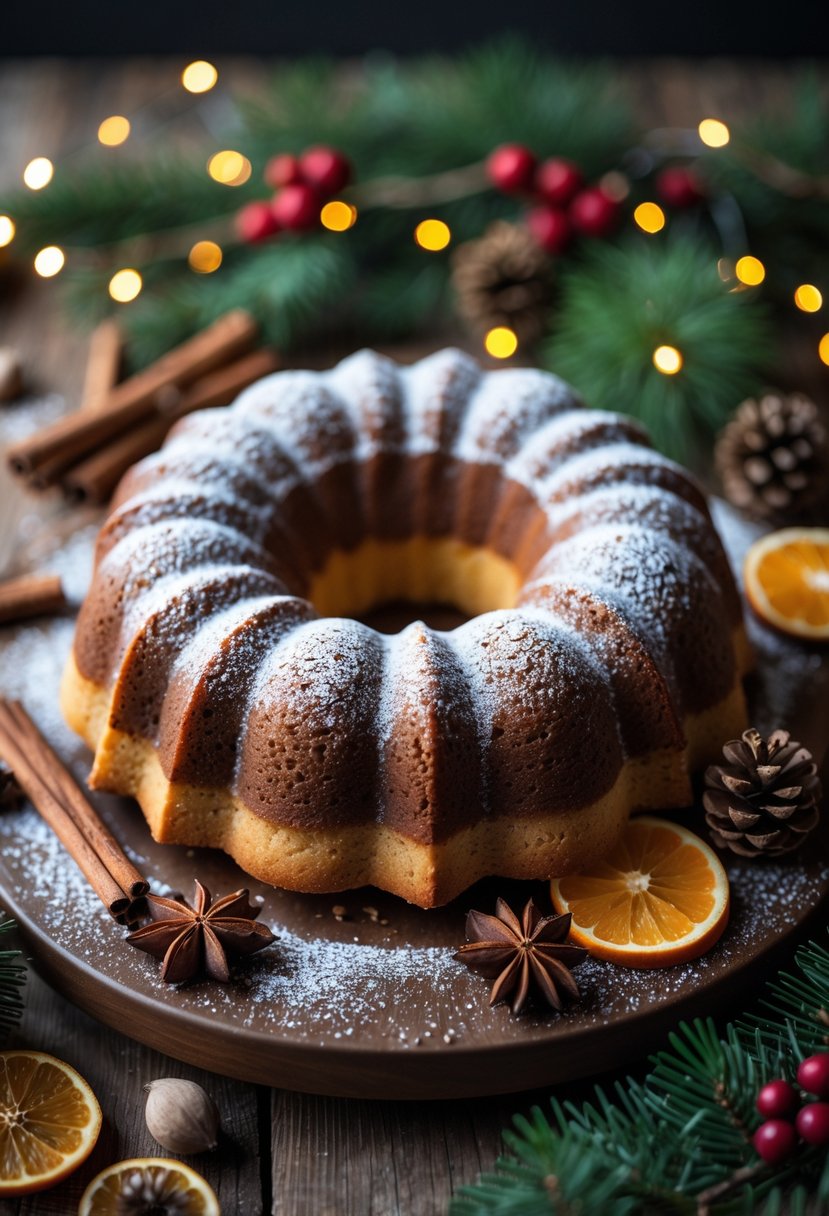 A Bundt cake dusted with powdered sugar on a wooden table surrounded by cinnamon sticks, star anise, dried orange slices, pine sprigs, and red berries with blurred Christmas lights in the background.