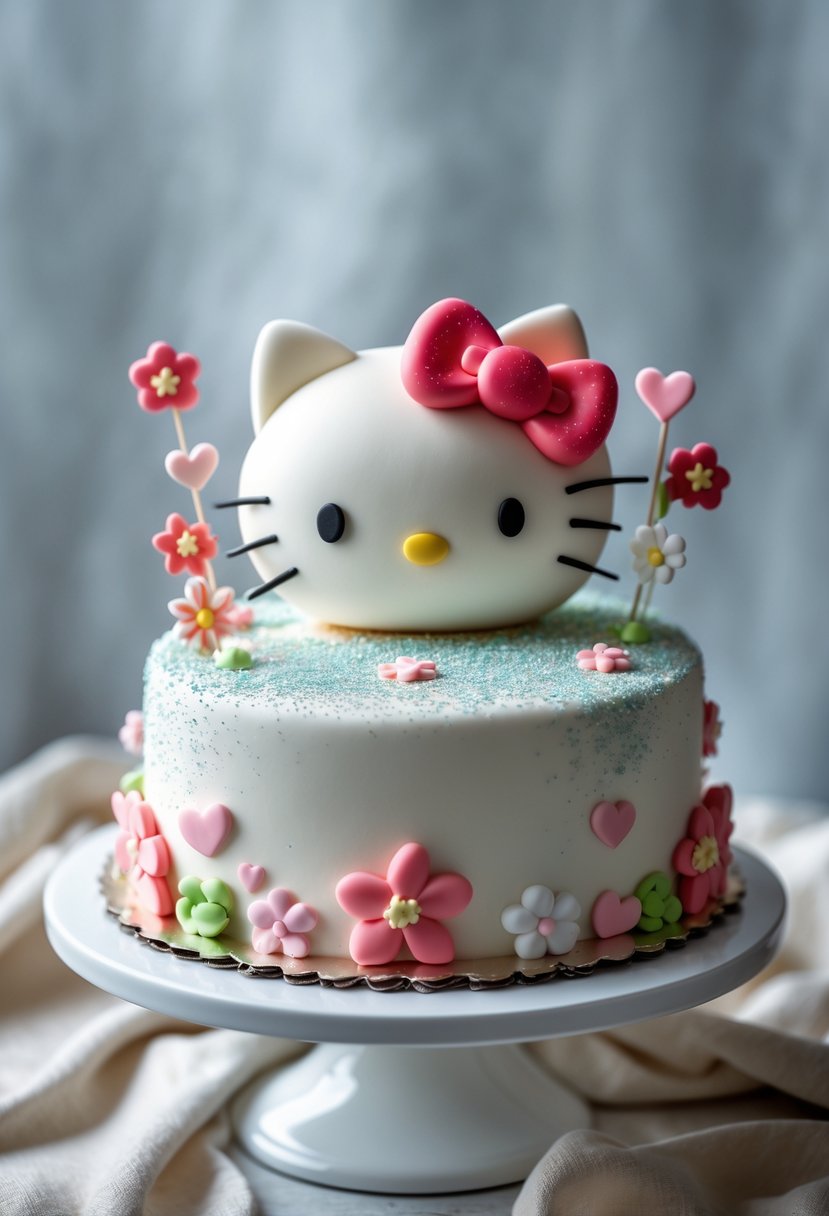 A decorated Hello Kitty cake with a red bow and glittery edible dust on a white cake stand.