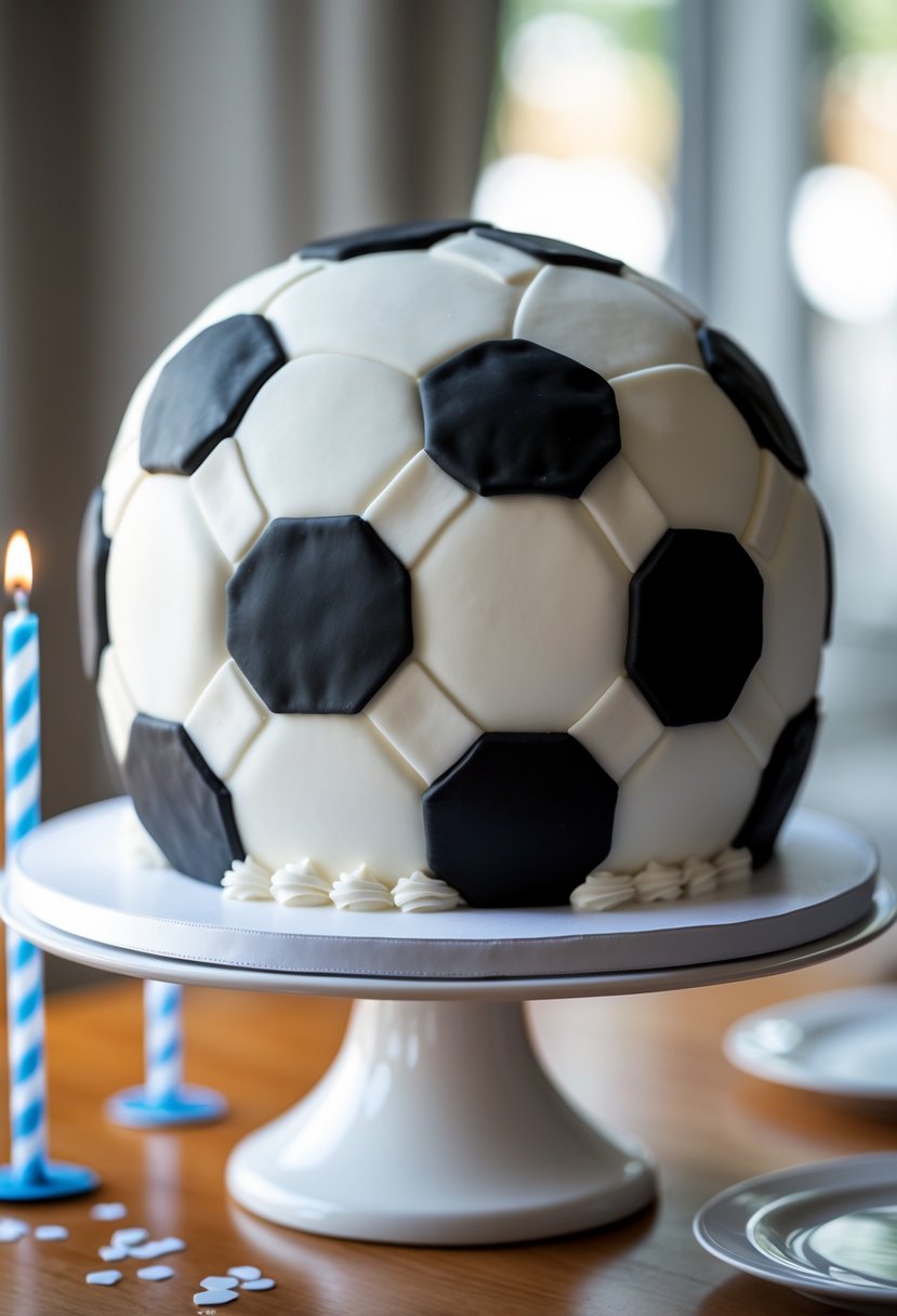 A soccer ball-shaped birthday cake on a white cake stand with birthday decorations around it.