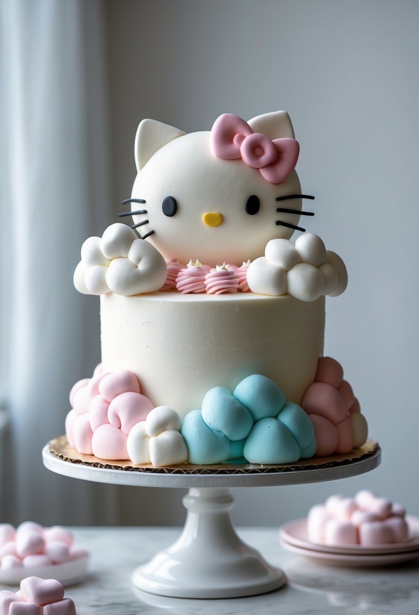 A decorated Hello Kitty cake with marshmallow clouds on a cake stand.