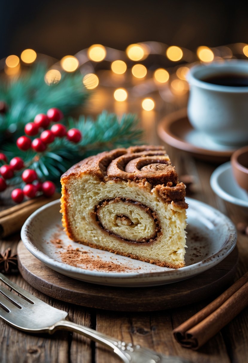 A sliced cinnamon swirl coffee cake on a wooden table with Christmas decorations and a cup of coffee nearby.