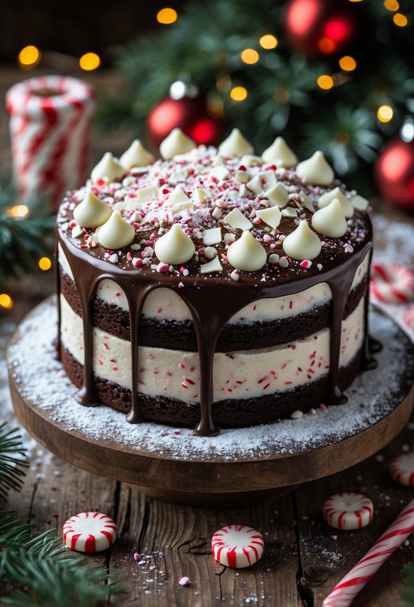 A chocolate peppermint bark cake decorated with crushed peppermint candy and white chocolate shards on a wooden table surrounded by Christmas decorations.