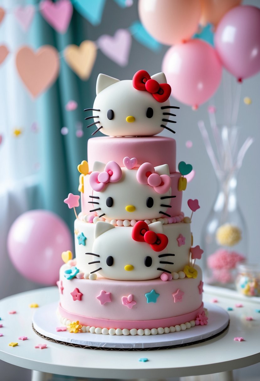 A multi-tiered Hello Kitty themed cake decorated with pastel colors and cute bows, displayed on a white table with festive decorations in the background.