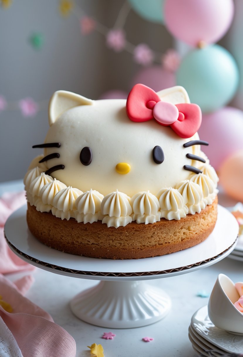 A Hello Kitty cake with an almond pound cake base decorated with pastel frosting and a red bow on top, displayed on a white cake stand.