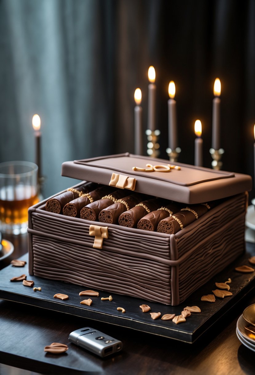 A birthday cake designed to look like an open cigar box with edible cigars inside, placed on a wooden table with candles and a glass of whiskey nearby.