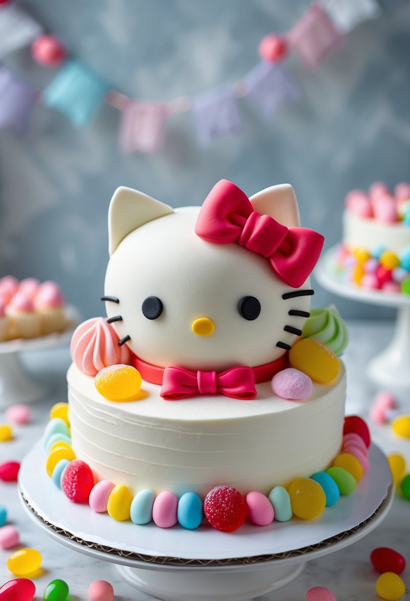 A Hello Kitty cake decorated with colorful candy accents on a white cake stand.