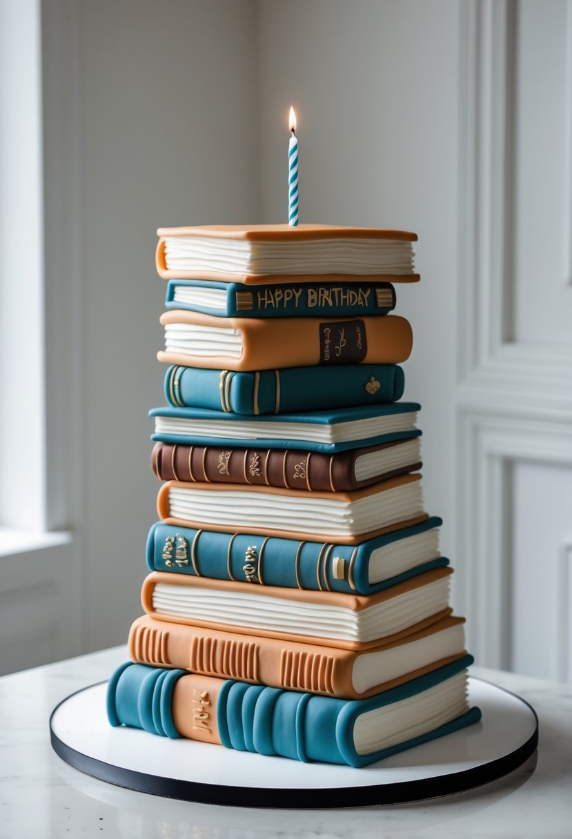 A birthday cake shaped like a stack of colorful books with a candle on top, placed on a clean surface.