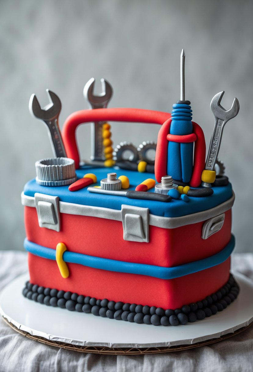 A detailed birthday cake shaped like a toolbox with edible tools on top, displayed on a white plate.
