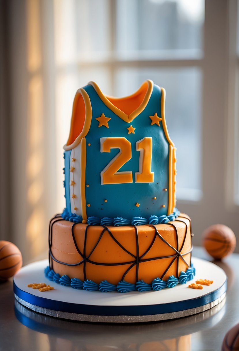 A basketball jersey-shaped birthday cake with the number 21 on it, displayed on a white cake board.